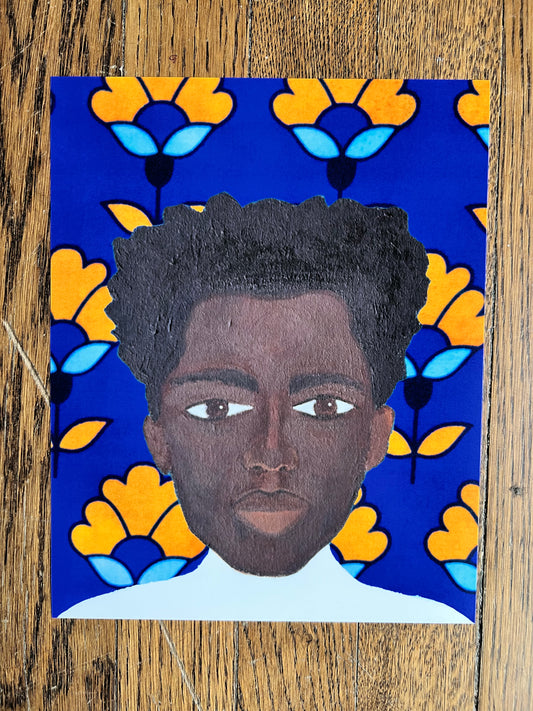 black boy, orange flowers